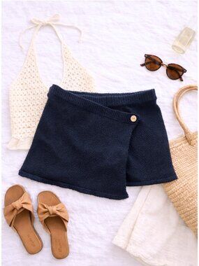 Free People Beach Navy Wrap Skort Mini Skirt Shorts Size M Boho Casual